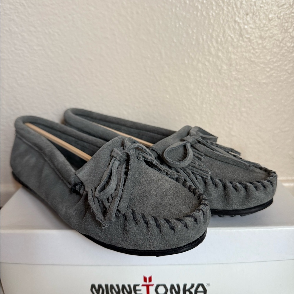 Minnetonka Grey Suede Moccasins